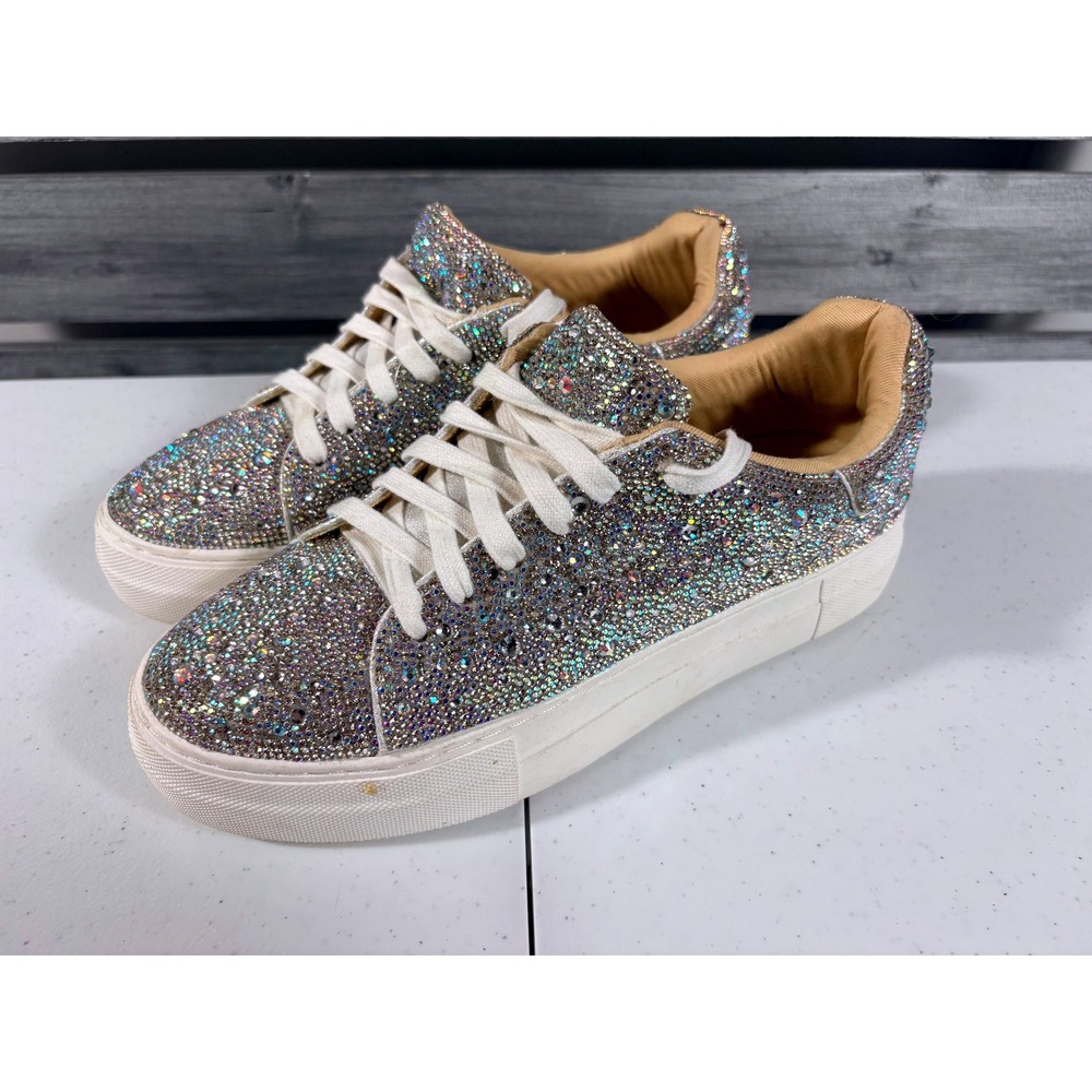 Betsey Johnson SB-SIDNY Rhinestone Platform Sneakers Iridescent Silver Womens 9W